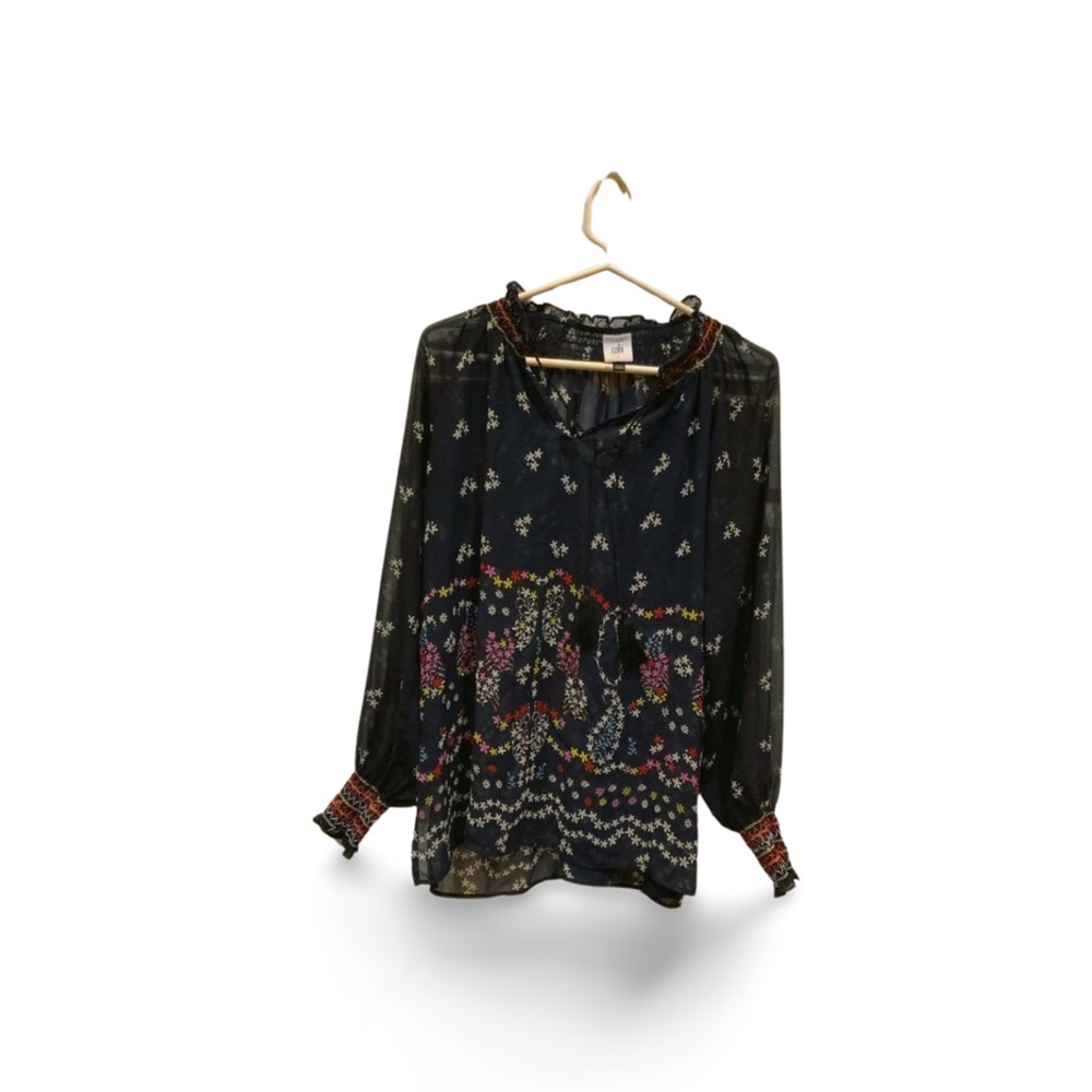 Cabi S/P Navy Floral Smocked Peasant Blouse Sheer Top Style 5784
